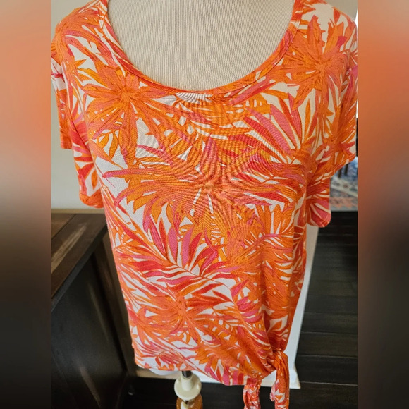 Casey Key •Size Large Petite• Tropical Print Leaf Casual Tee w/ Tie Soft Rayon - Picture 2 of 11